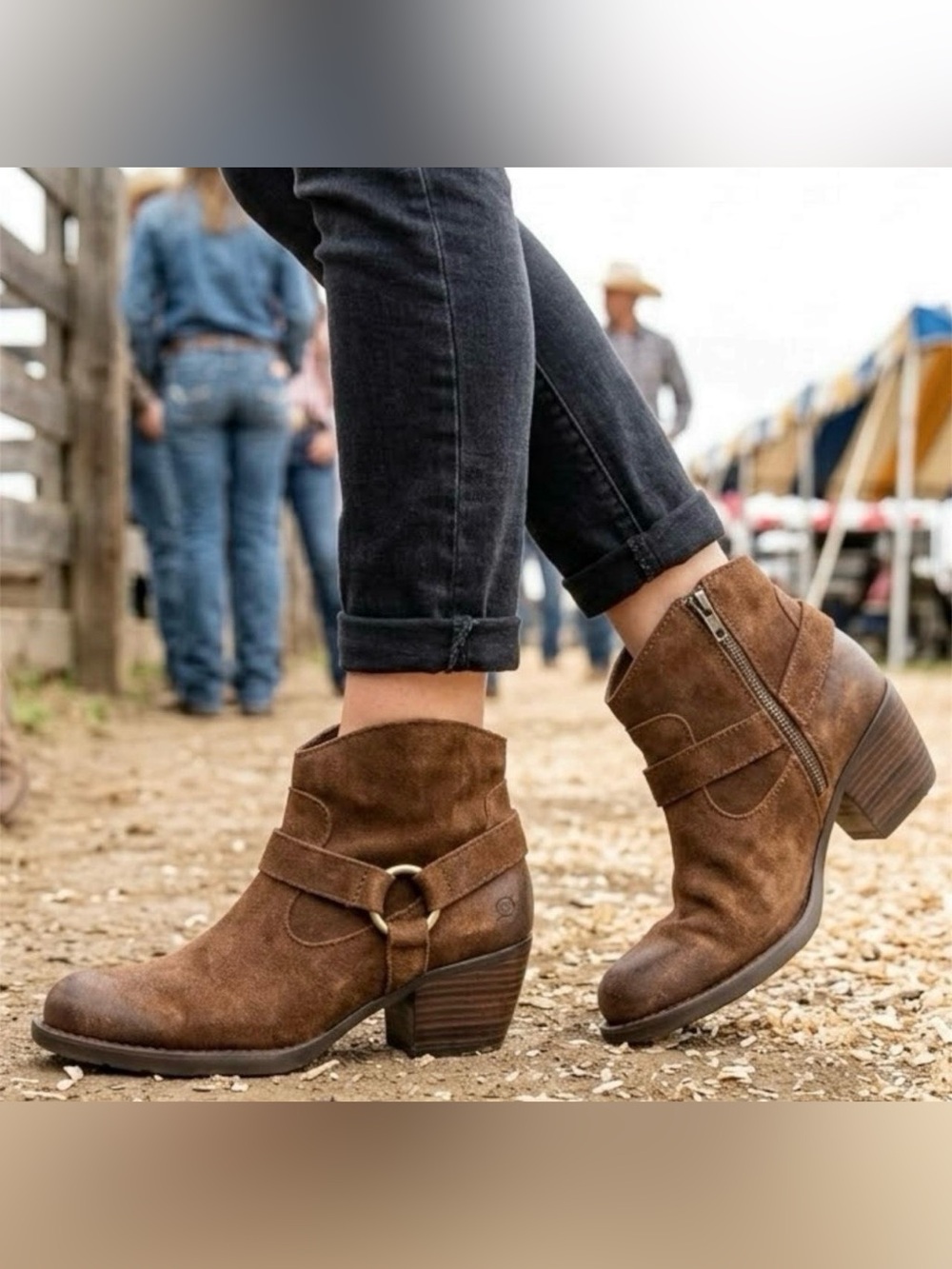 Born B.O.C. Carmel Harness Suede Ankle Boots Women's 7.5 M Brown Western Heel